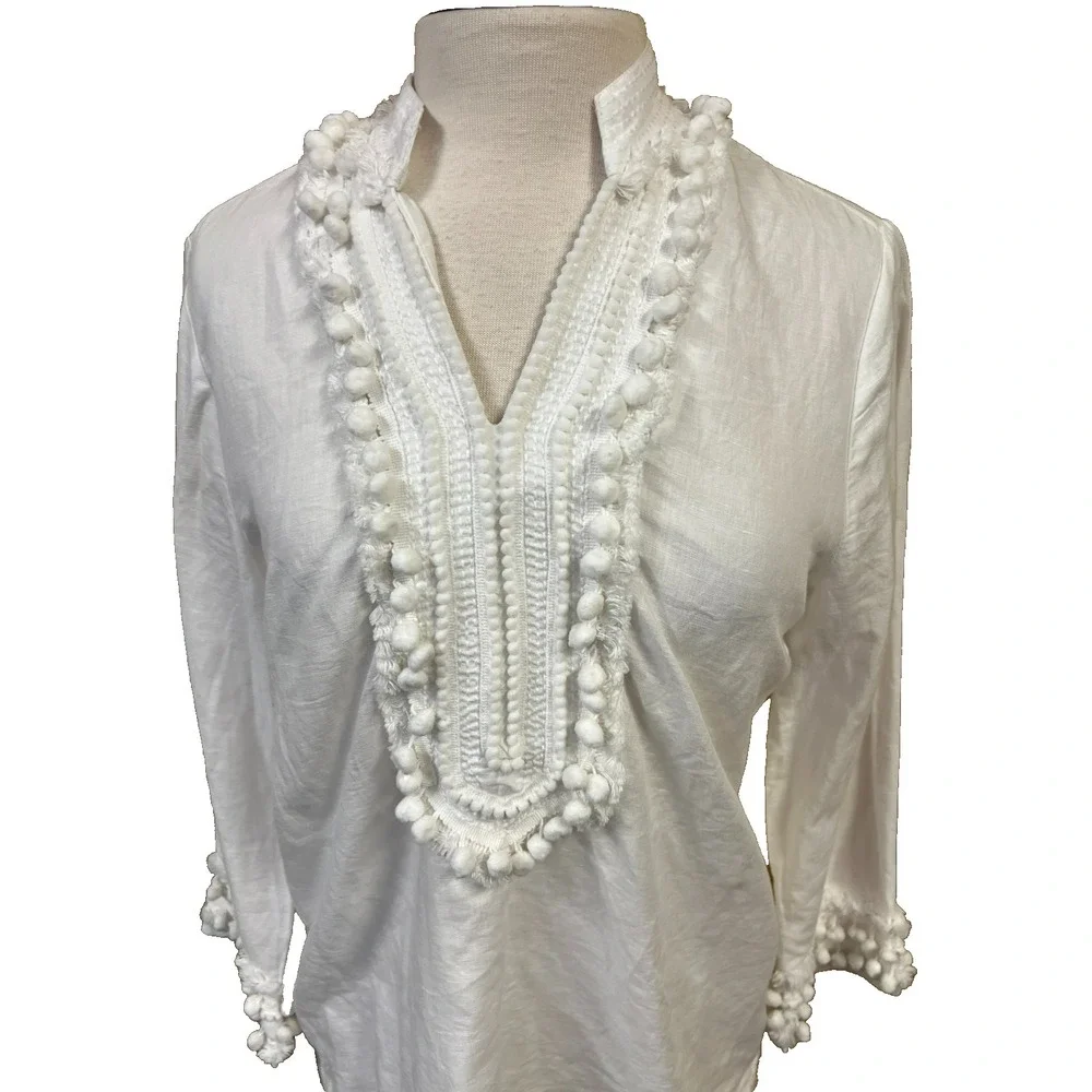 Chico's SZ 1 White Linen Tunic Top Pompom + Fringe Accented‎ V-Neck 3/4 Sleeves